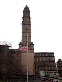 Union Flag half mast Greenock Municipal Buildings-Clyde Square for Captain Sir Tom Moore